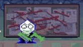 a cartoon character is standing in front of a bulletin board with a map on it .