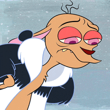 a cartoon character with pink eyes is holding a rabbit