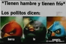three angry birds are standing next to each other on a poster .