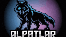 a black wolf with blue eyes is standing in front of the word alpatlar