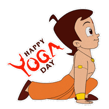 a happy yoga day sticker with a cartoon character on it