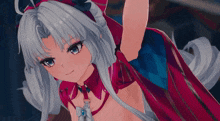 a close up of a girl with white hair and red clothes