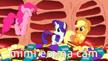 pinkie pie rarity and applejack are sitting on a pile of books with the words mimiemma cam below them