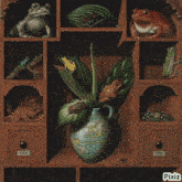 a painting of frogs and a vase with pixiz on the bottom