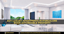 an advertisement for luxury apartments in bangalore shows a living room and dining area