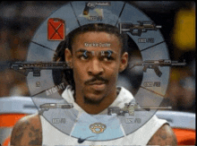 a man 's face is surrounded by a circle of weapons including a gas can