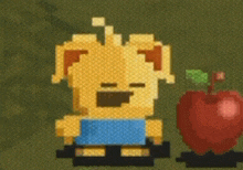 a pixel art of a bear with a blue shirt and an apple