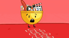 a cartoon drawing of a person holding a bowl with numbers in it