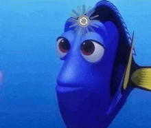 a blue cartoon fish with a flower on its head