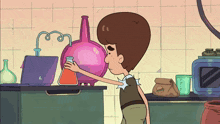 a cartoon character is holding a beaker in front of a bag that says ' hamburger ' on it