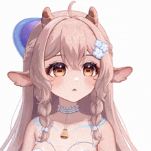 a close up of a girl 's face with horns