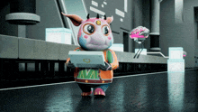 a cartoon character is holding a tablet with the letter m on it