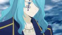 a blue haired anime character has a tattoo on his face