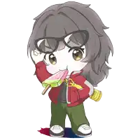 a girl wearing glasses and a red jacket is eating a watermelon slice on a stick