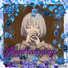 a picture of a girl with the words " good evening " written on it