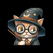 a cat wearing a wizard hat and glasses is holding chopsticks and sushi rolls