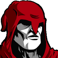 a cartoon drawing of a man with a red hood on his head