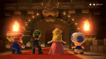 mario luigi princess peach and toad are standing in front of a statue of bowser in a video game