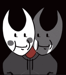 a cartoon drawing of two masks with horns and a red tongue sticking out