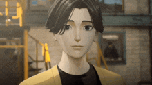 a close up of a cartoon character 's face with a yellow jacket