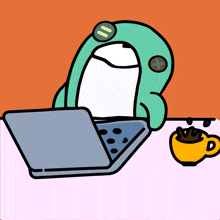 a cartoon of a frog sitting in front of a laptop computer