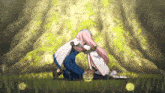 a girl with pink hair is hugging a boy in a field