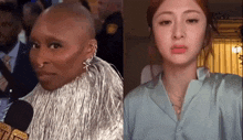 a woman with a shaved head is next to a woman with a blue shirt