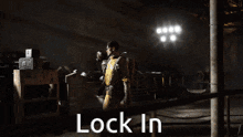 a man in a yellow jacket is sitting in a car with the words lock in below him