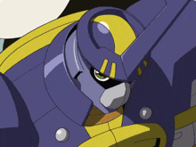 a close up of a purple and yellow robot with green eyes