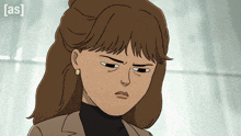 a cartoon drawing of a woman with a serious look on her face with the letters as in the corner