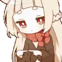 a girl with long blonde hair and red eyes is pointing at something
