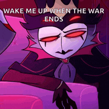 a cartoon character is sitting on a couch with the words wake me up when the war ends above him