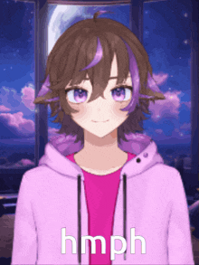 a girl with purple hair is wearing a pink hoodie with the word hmph on it