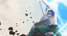 a cartoon of a man with a blue mask on his head