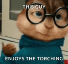 alvin the chipmunk wearing glasses and a blue sweater is giving a thumbs up .