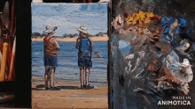 a painting of two people standing on a beach is made in animotica
