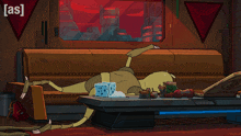 a cartoon character is laying on a couch with a sign that says [ as ] on it
