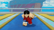 a cartoon character is standing on a blue carpet in front of a large ship