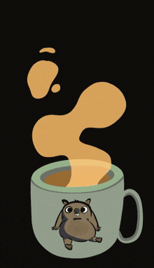 a cartoon drawing of a cup of coffee with a squirrel on it