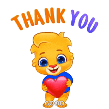 a cartoon lion is holding a heart in his hands and says thank you .