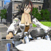 a girl with long hair is riding a motorcycle on a city street