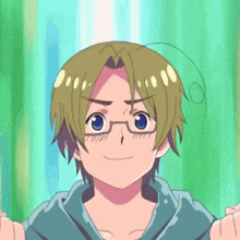 a close up of a cartoon character with glasses and blonde hair
