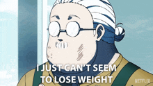 a man with glasses and a bandage on his head says i just can 't seem to lose weight