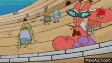 a cartoon of a crab wearing sunglasses is standing on a brick wall .