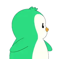 a green and white penguin with an orange beak is standing on a white background
