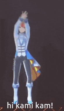 a cartoon character is standing with his arms in the air and says hi kami kam .