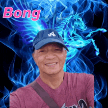 a man wearing a la hat is smiling in front of a blue background with bong written on it