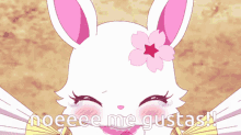 a cartoon rabbit with a flower on her head is holding a fan and says noeeee me gustas