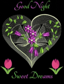 a heart with purple flowers and the words good night sweet dreams on it