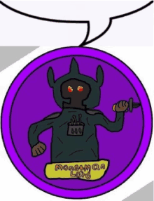 a cartoon of a monster holding a sword in a purple circle with a speech bubble above it